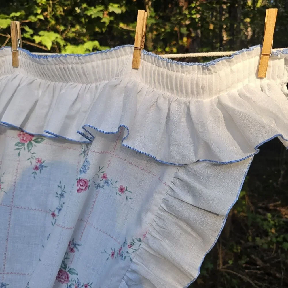 Vintage White Floral Ruffled Curtain Panels Pink & Blue Cottagecore Grannycore
